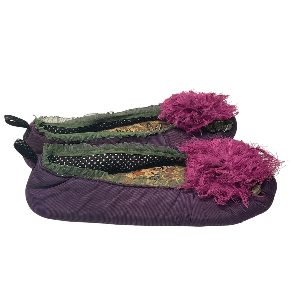 Goody Goody Purple Slippers Magenta Pink Flower Green Trim Silk M - Picture 4 of 8